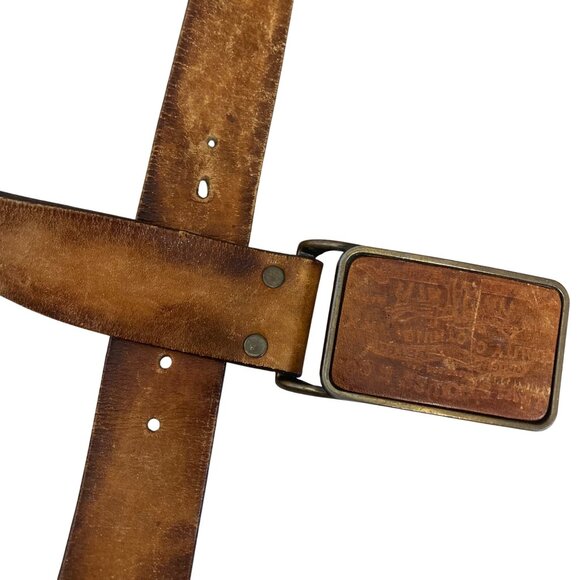 Vintage 70s Levis Leather Belt Mens 36 Stamped Logo Buckle Hand Stained 1265-3 - Picture 3 of 12